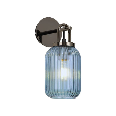 Allardyce Wall Light Switched, 1 x E27, Black Chrome With 14cm Tubular Ribbed Glass, Petrol Blue