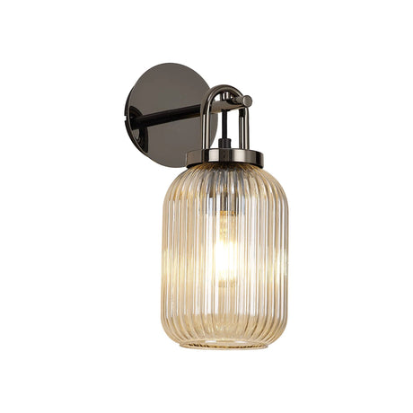 Allardyce Wall Light Switched, 1 x E27, Black Chrome With 14cm Tubular Ribbed Glass, Champagne