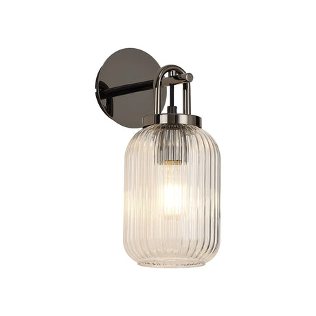 Allardyce Wall Light Switched, 1 x E27, Black Chrome With 14cm Tubular Ribbed Glass, Clear