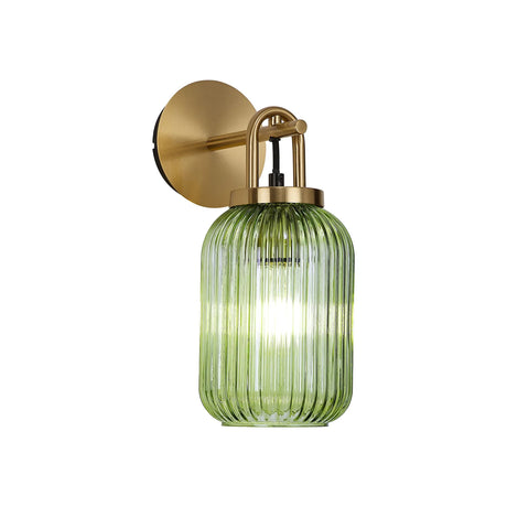 Allardyce Wall Light Switched, 1 x E27, Brass Gold With 14cm Tubular Ribbed Glass, Green