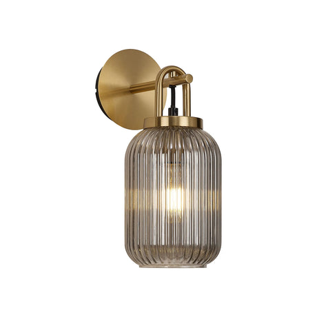 Allardyce Wall Light Switched, 1 x E27, Brass Gold With 14cm Tubular Ribbed Glass, Smoked