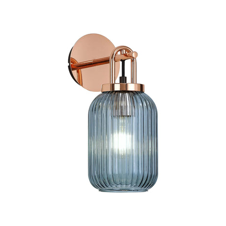 Allardyce Wall Light Switched, 1 x E27, Copper With 14cm Tubular Ribbed Glass, Petrol Blue