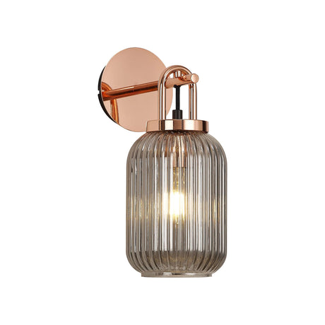 Allardyce Wall Light Switched, 1 x E27, Copper With 14cm Tubular Ribbed Glass, Smoked
