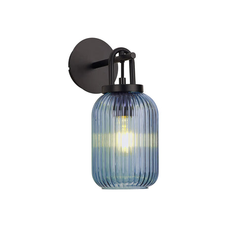 Allardyce Wall Light Switched, 1 x E27, Matt Black With 14cm Tubular Ribbed Glass, Petrol Blue