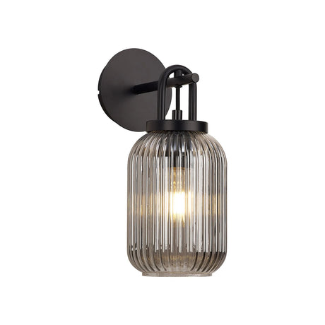 Allardyce Wall Light Switched, 1 x E27, Matt Black With 14cm Tubular Ribbed Glass, Smoked