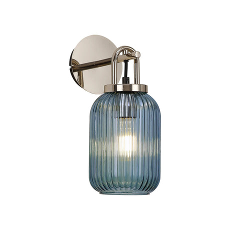 Allardyce Wall Light Switched, 1 x E27, Polished Nickel With 14cm Tubular Ribbed Glass, Petrol Blue