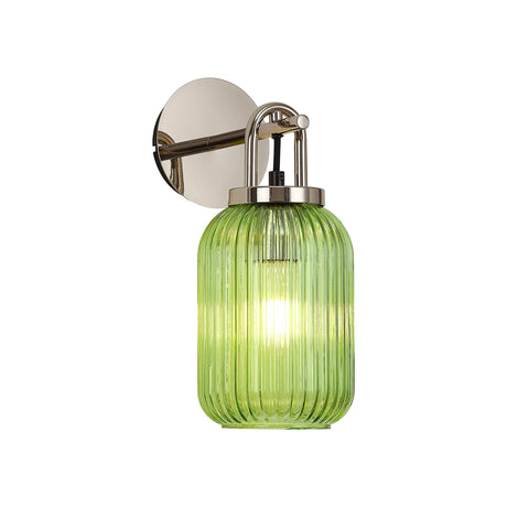 Allardyce Wall Light Switched, 1 x E27, Polished Nickel With 14cm Tubular Ribbed Glass, Green