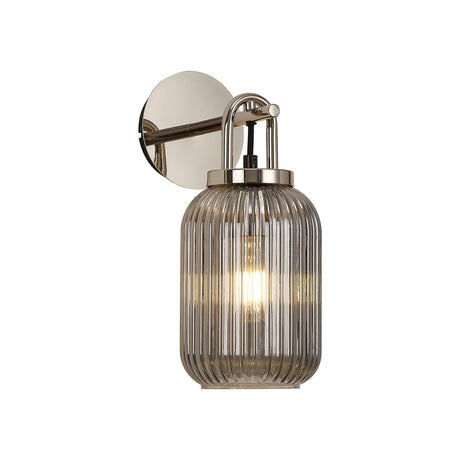 Allardyce Wall Light Switched, 1 x E27, Polished Nickel With 14cm Tubular Ribbed Glass, Smoked