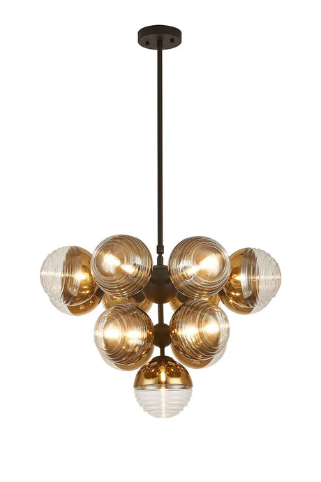 Armfield Telescopic Multi Arm Pendant, 13 x G9, Satin Black/Gold/Clear Two-Tone Round Spiral Glass (A)