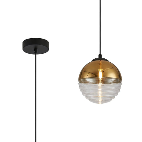 Armfield 15cm Single Pendant, 1 x G9, Satin Black/Gold/Clear Two-Tone Round Spiral Glass (A)