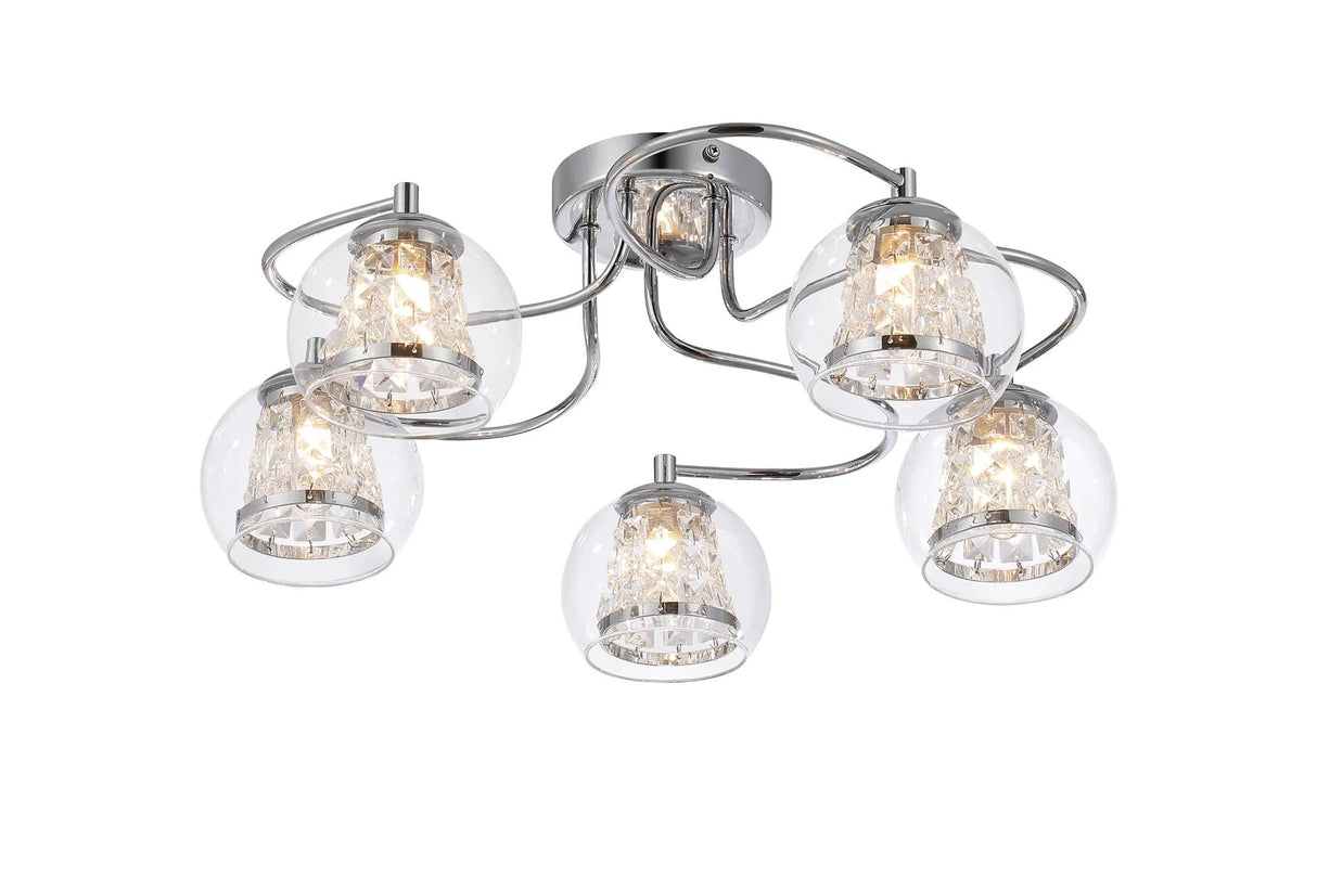 Astle Semi Ceiling, 5 x G9, IP44, Polished Chrome/Clear Glass/Clear Crystal