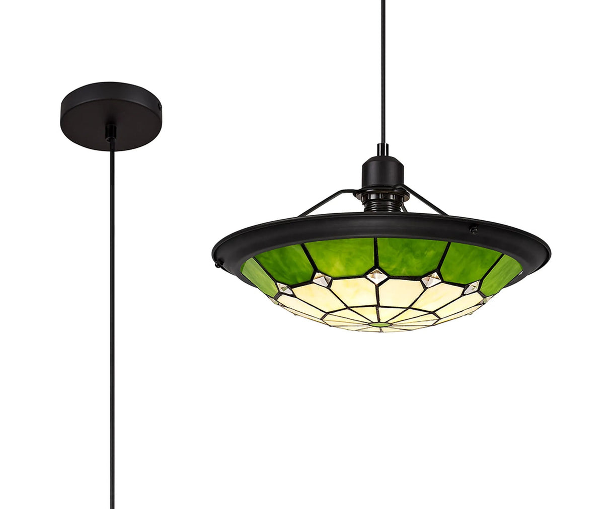 Belfit 1 Light Pendant E27 With 35cm Tiffany Shade, Cream/Green/Clear Crystal Centre/Black Trim/Black