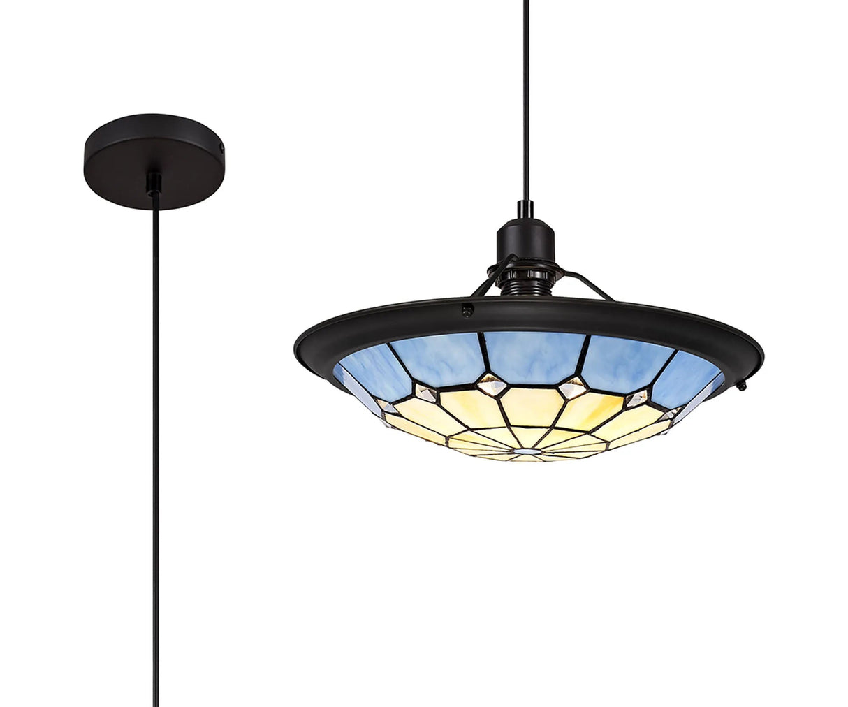 Belfit 1 Light Pendant E27 With 35cm Tiffany Shade, Cream/Rich Blue/Clear Crystal Centre/Black Trim/Black