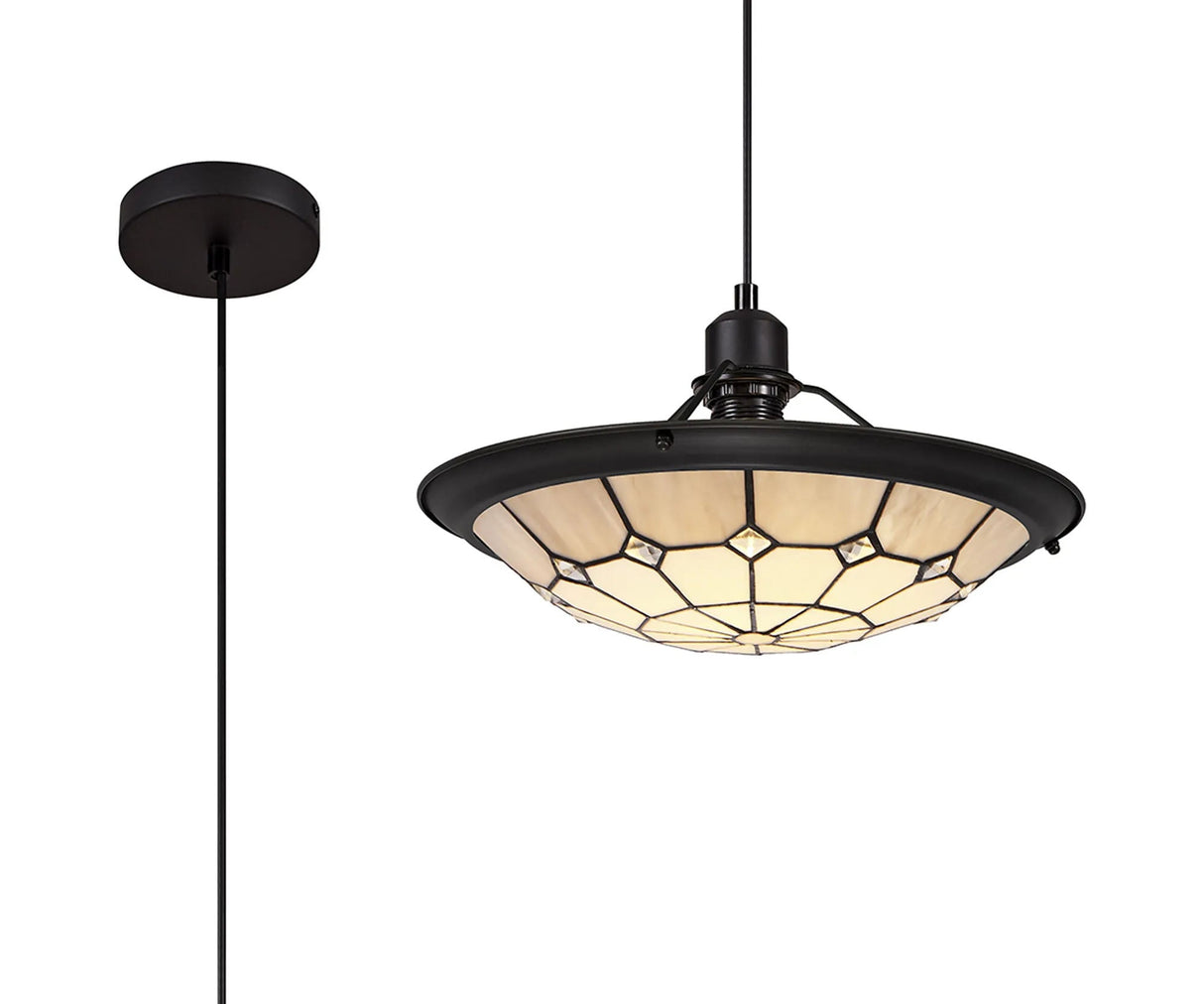 Gidleigh 1 Light Pendant E27 With 35cm Tiffany Shade, Cream/Grey/Crystal Centre/Black Trim
