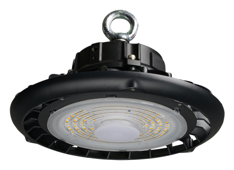 Bell Illumina Atlas LED High Bay light fitting in black circular disc-shaped housing with central diffuser lens, suspended by a single hook mount