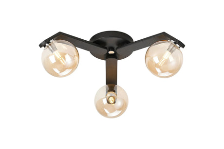 Bellingham Flush Ceiling, 3 x G9, IP44, Black/Polished Chrome/Amber Smooth Round Glass