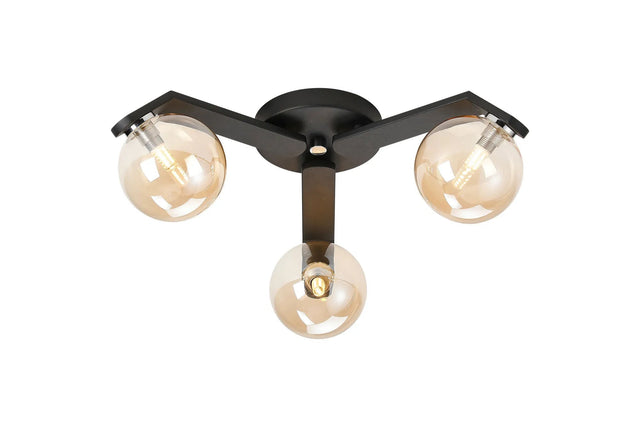 Bellingham Flush Ceiling, 3 x G9, IP44, Black/Polished Chrome/Amber Smooth Round Glass