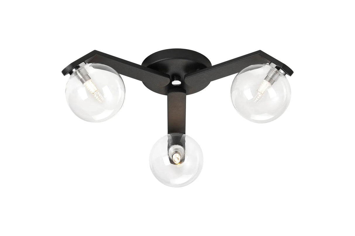 Bellingham Flush Ceiling, 3 x G9, IP44, Black/Polished Chrome/Clear Smooth Round Glass