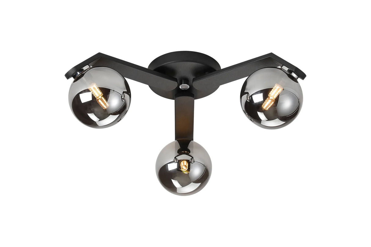 Bellingham Flush Ceiling, 3 x G9, IP44, Black/Polished Chrome/Smoke Smooth Round Glass