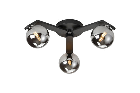 Bellingham Flush Ceiling, 3 x G9, IP44, Black/Polished Chrome/Smoke Smooth Round Glass