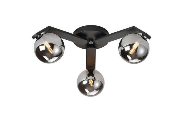 Bellingham Flush Ceiling, 3 x G9, IP44, Black/Polished Chrome/Smoke Smooth Round Glass