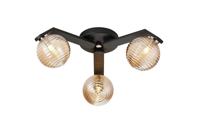 Bellingham Flush Ceiling, 3 x G9, IP44, Black/Polished Chrome/Amber Ribbed Round Glass