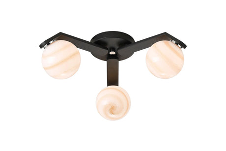 Bellingham Flush Ceiling, 3 x G9, IP44, Black/Polished Chrome/Brown Round Marble Effect Glass