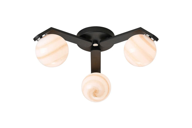 Bellingham Flush Ceiling, 3 x G9, IP44, Black/Polished Chrome/Brown Round Marble Effect Glass