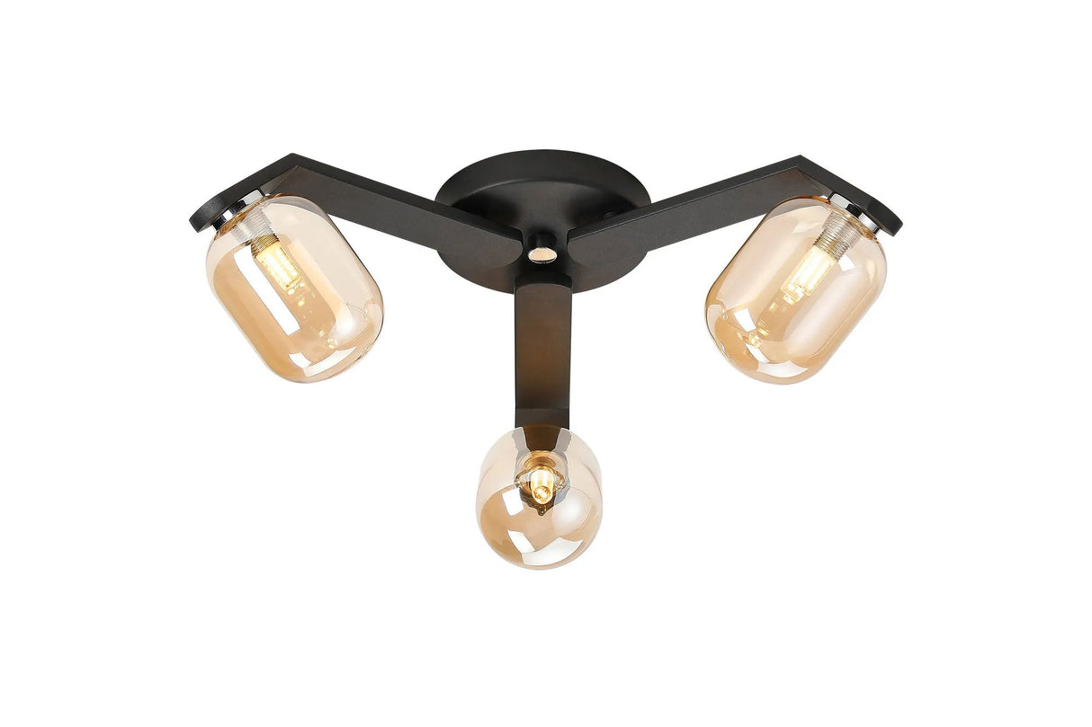 Bellingham Flush Ceiling, 3 x G9, IP44, Black/Polished Chrome/Amber Smooth Tubular Glass