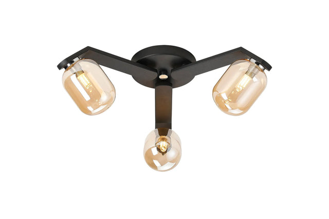 Bellingham Flush Ceiling, 3 x G9, IP44, Black/Polished Chrome/Amber Smooth Tubular Glass