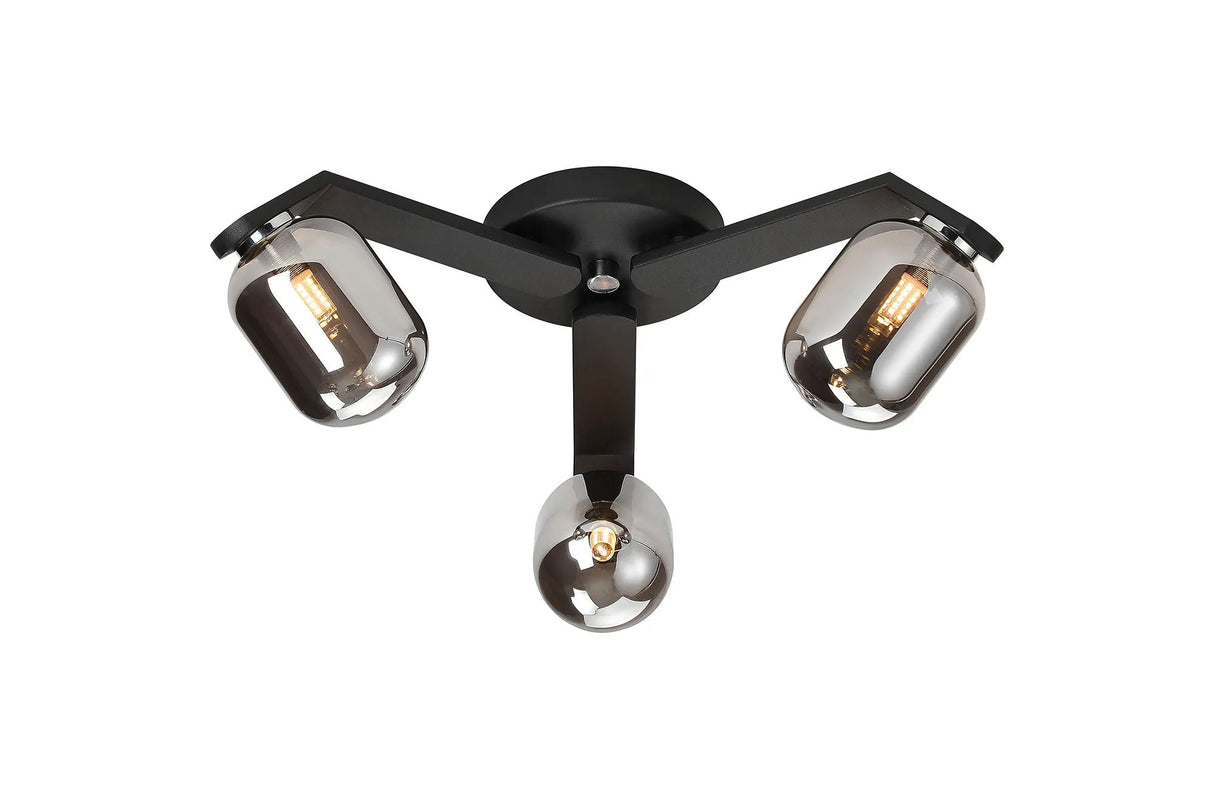 Bellingham Flush Ceiling, 3 x G9, IP44, Black/Polished Chrome/Smoke Smooth Tubular Glass