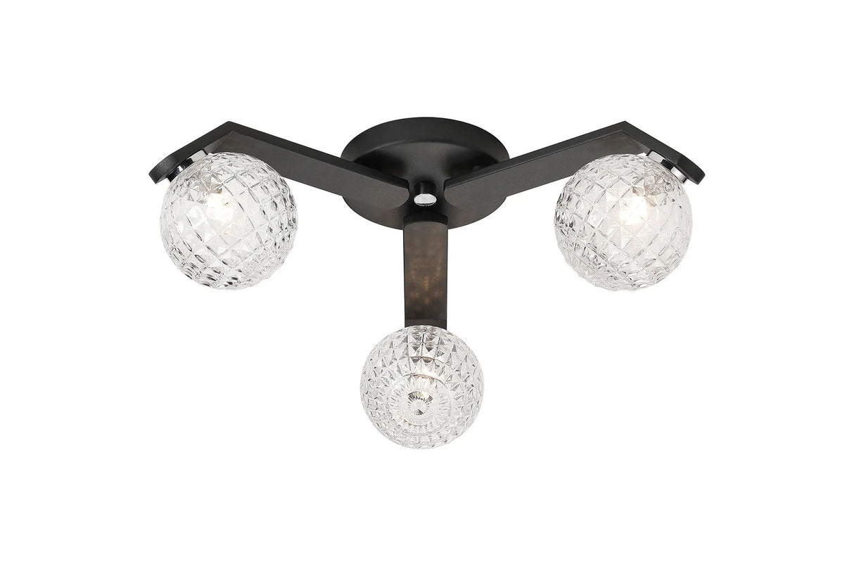 Bellingham Flush Ceiling, 3 x G9, IP44, Black/Polished Chrome/Clear Cross Pattern Round Glass