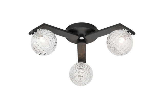 Bellingham Flush Ceiling, 3 x G9, IP44, Black/Polished Chrome/Clear Cross Pattern Round Glass