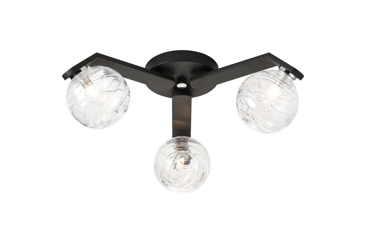 Bellingham Flush Ceiling, 3 x G9, IP44, Black/Polished Chrome/Clear Dune Effect Round Glass