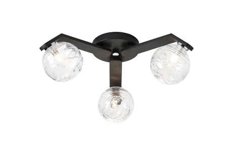 Bellingham Flush Ceiling, 3 x G9, IP44, Black/Polished Chrome/Clear Dune Effect Round Glass