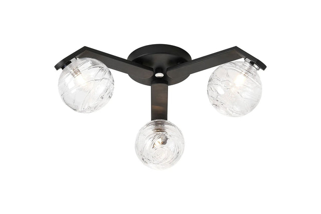 Bellingham Flush Ceiling, 3 x G9, IP44, Black/Polished Chrome/Clear Dune Effect Round Glass