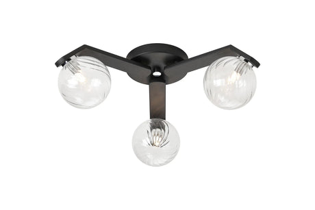 Bellingham Flush Ceiling, 3 x G9, IP44, Black/Polished Chrome/Clear Swirl Round Glass