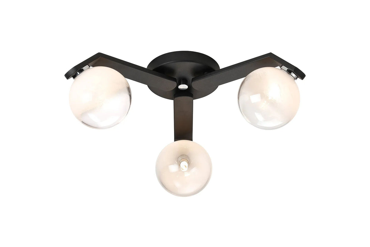 Bellingham Flush Ceiling, 3 x G9, IP44, Black/Polished Chrome/White Two-Tone Snow Specks Round Glass