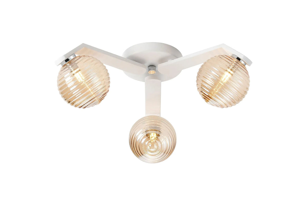 Bellingham Flush Ceiling, 3 x G9, IP44, White/Polished Chrome/Amber Ribbed Round Glass