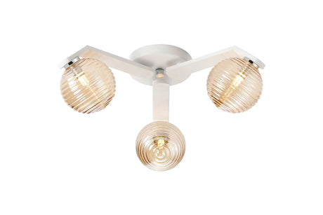 Bellingham Flush Ceiling, 3 x G9, IP44, White/Polished Chrome/Amber Ribbed Round Glass