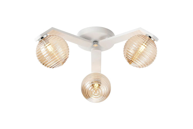 Bellingham Flush Ceiling, 3 x G9, IP44, White/Polished Chrome/Amber Ribbed Round Glass