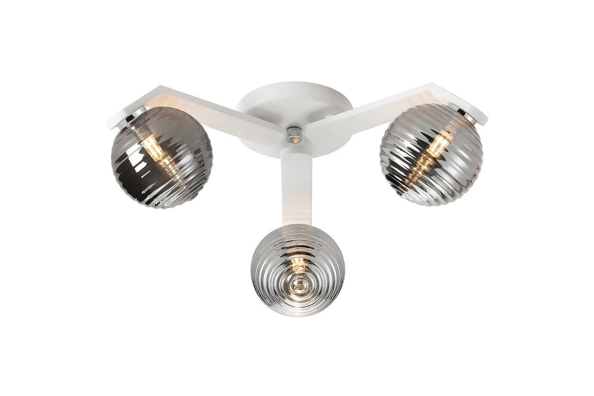 Bellingham Flush Ceiling, 3 x G9, IP44, White/Polished Chrome/Smoke Ribbed Round Glass