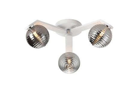 Bellingham Flush Ceiling, 3 x G9, IP44, White/Polished Chrome/Smoke Ribbed Round Glass