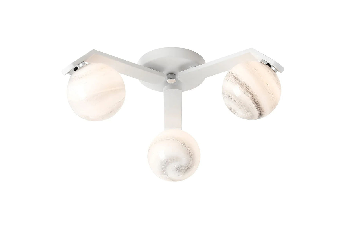 Bellingham Flush Ceiling, 3 x G9, IP44, White/Polished Chrome/Grey Round Marble Effect Glass