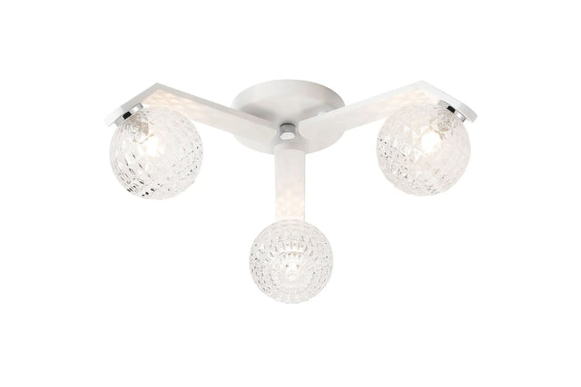 Bellingham Flush Ceiling, 3 x G9, IP44, White/Polished Chrome/Clear Cross Pattern Round Glass
