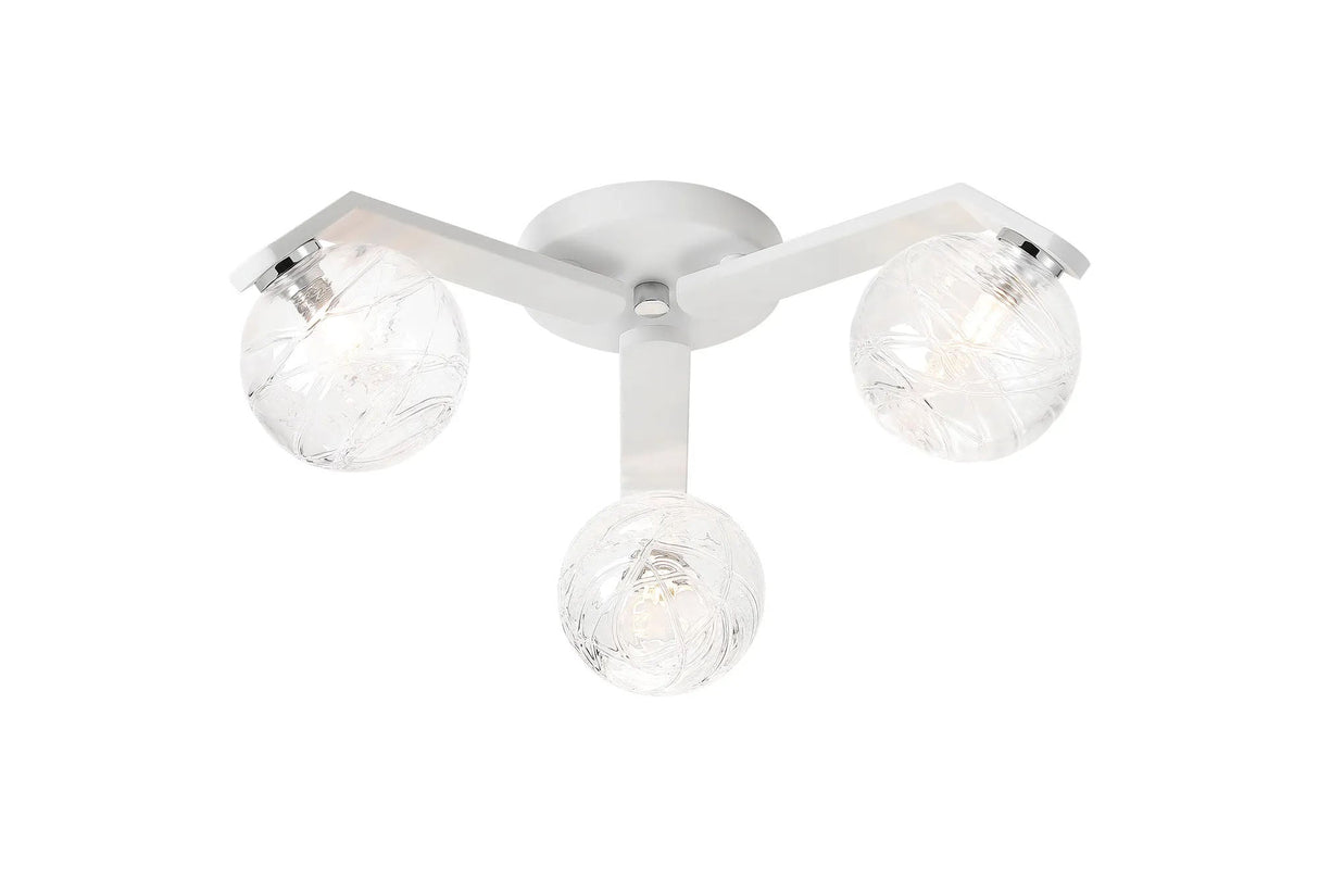 Bellingham Flush Ceiling, 3 x G9, IP44, White/Polished Chrome/Clear Dune Effect Round Glass