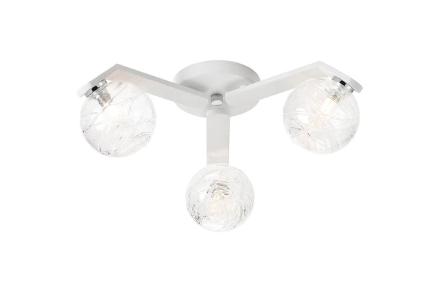 Bellingham Flush Ceiling, 3 x G9, IP44, White/Polished Chrome/Clear Dune Effect Round Glass