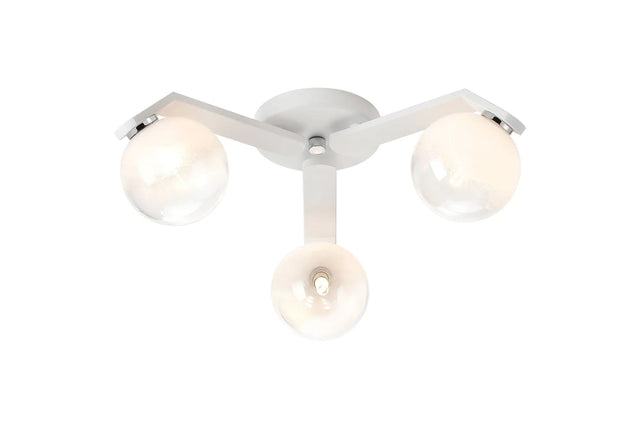 Bellingham Flush Ceiling, 3 x G9, IP44, White/Polished Chrome/White Two-Tone Snow Specks Round Glass