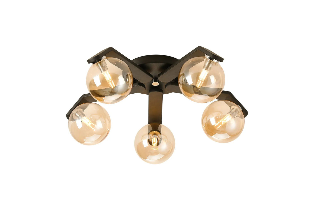 Bellingham Flush Ceiling, 5 x G9, IP44, Black/Polished Chrome/Amber Smooth Round Glass