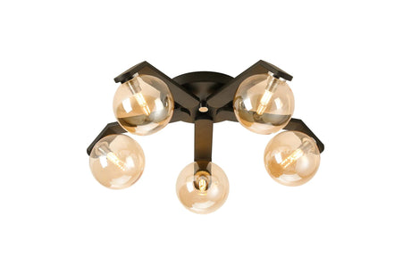 Bellingham Flush Ceiling, 5 x G9, IP44, Black/Polished Chrome/Amber Smooth Round Glass